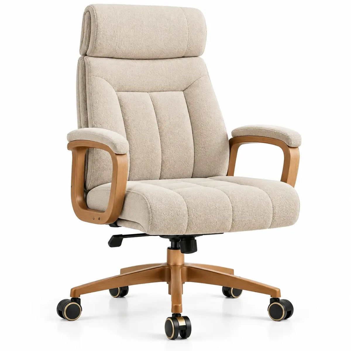 Fauteuil de bureau beige à haut dossier et base à roulettes