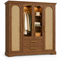 Armoire marron à panneaux ajourés, penderie, étagères et deux tiroirs
