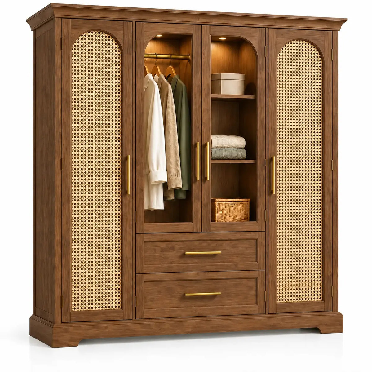 Armoire marron à panneaux ajourés, penderie, étagères et deux tiroirs