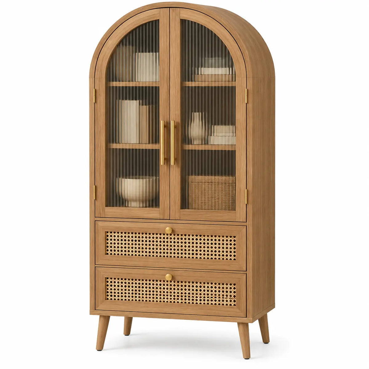 Vitrine beige en arche à portes vitrées striées et deux tiroirs ajourés