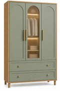 Armoire verte et beige à panneau central vitré et deux tiroirs