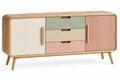 Buffet beige à portes crème et rose striées et trois tiroirs colorés