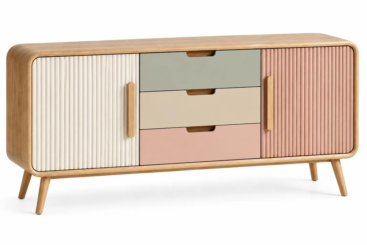 Buffet beige à portes crème et rose striées et trois tiroirs colorés