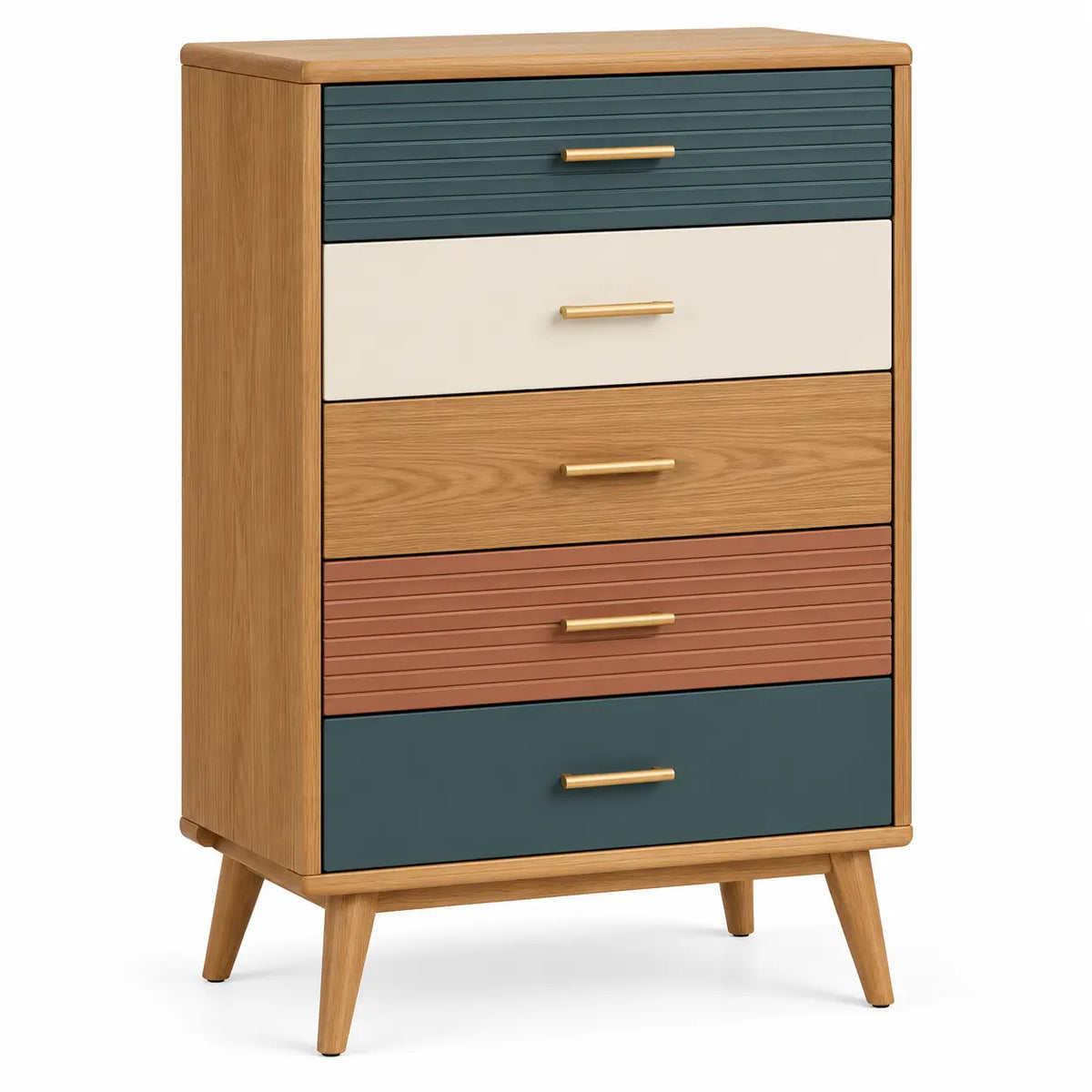 Chiffonnier beige à cinq tiroirs bleu foncé, crème et marron