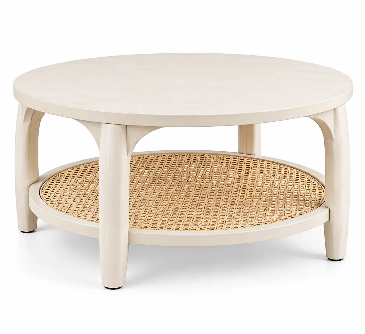 Table basse ronde crème à plateau inférieur tressé