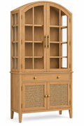 Vitrine beige à sommet arqué, tiroirs et portes basses tressées
