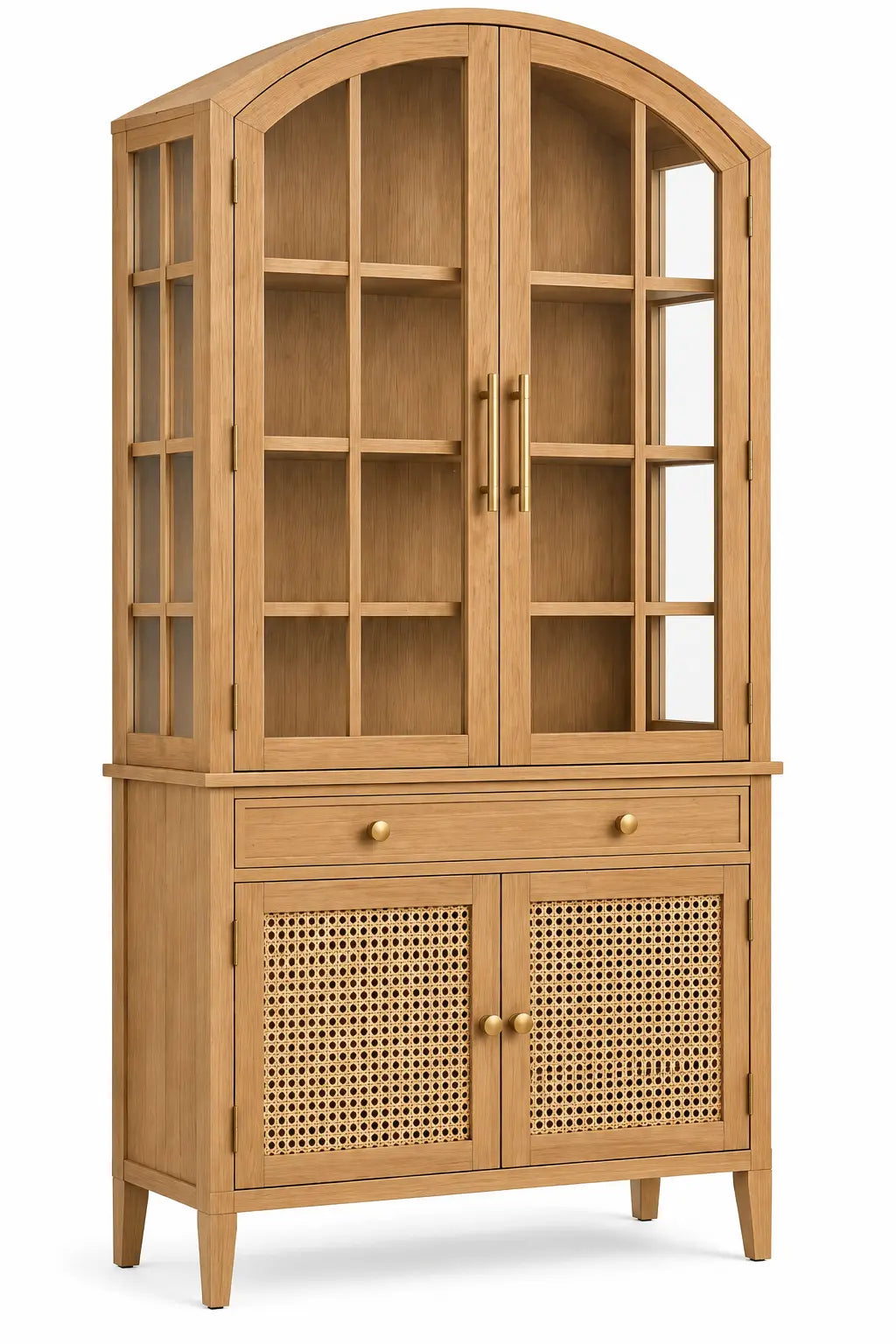 Vitrine beige à sommet arqué, tiroirs et portes basses tressées