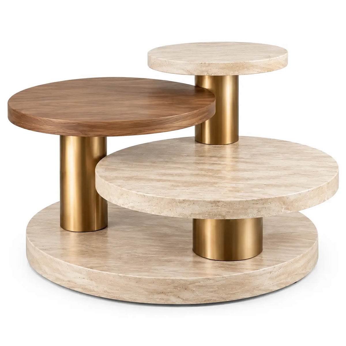 Table à plateaux ronds étagés beige et marron avec supports dorés